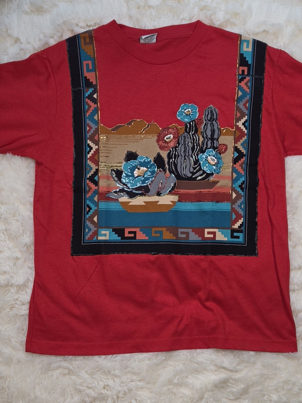 Retro Desert Scene Cactus T-Shirt Red Boho Western Puffy Paint Size Large